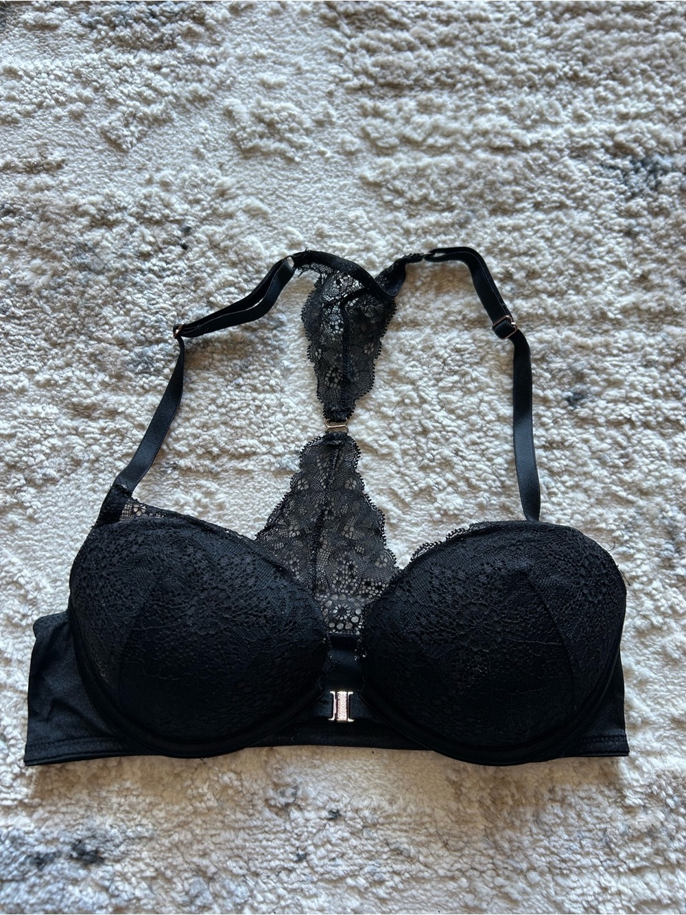 PINK Victoria's Secret Black Lace Racerback Push-Up Bra with Floral Detail